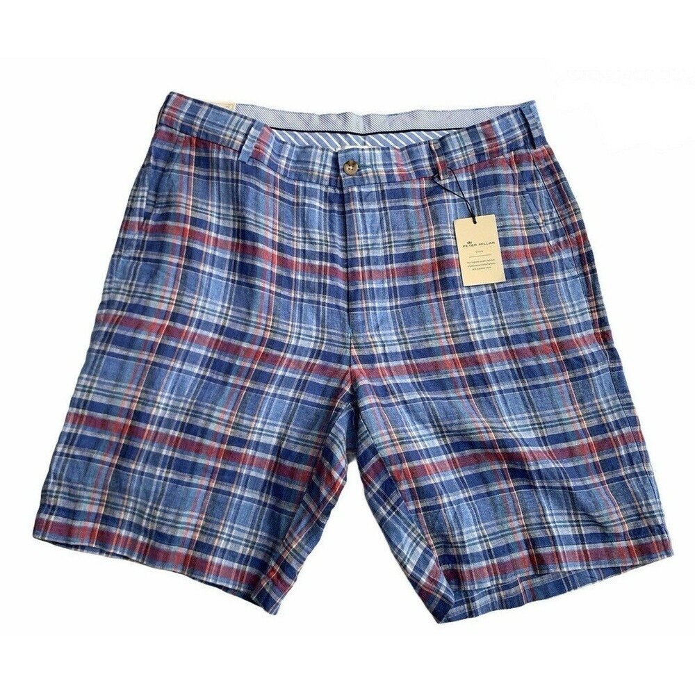 Peter Millar Shorts Men's 35 Crown Plaid Blue Multicolor Linen
